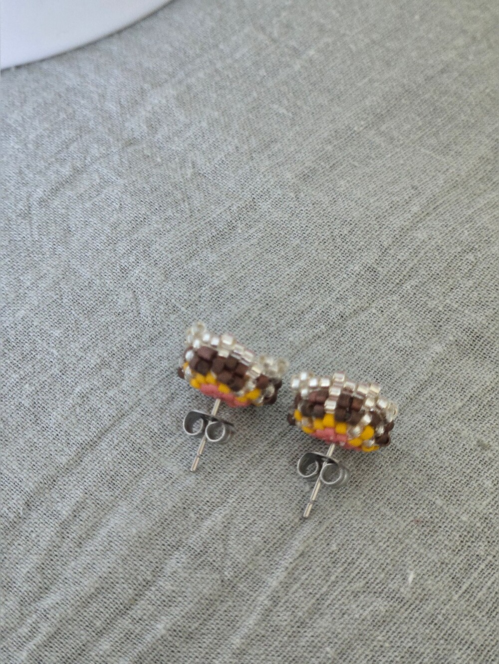 New Handmade Pink & Yellow Beaded Stud Earrings - Picture 4 of 7